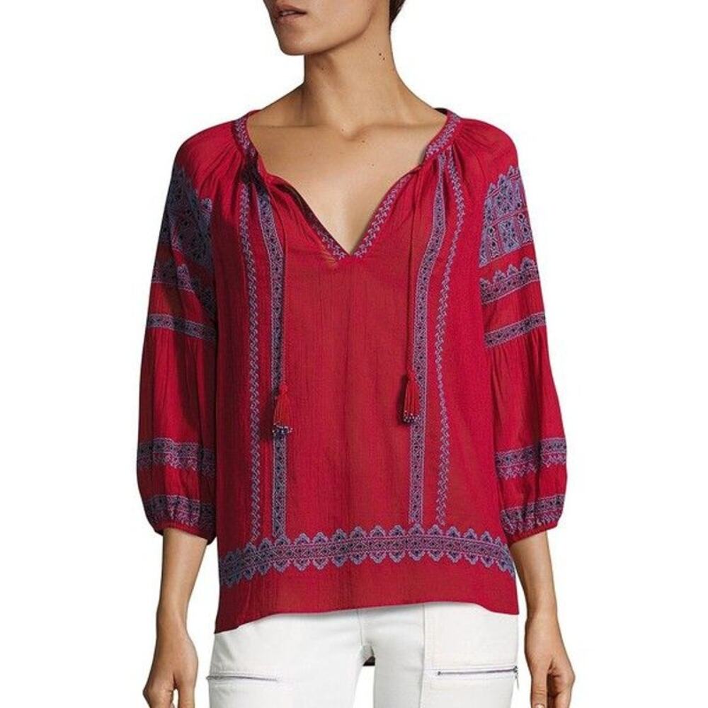 JOIE Gauge Embroidered Cotton Gauze Blouse Red Blue Peasant Boho